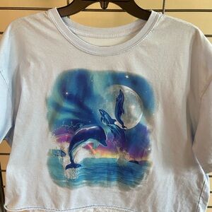 Mighty Fine Light Blue Tee with Dolphin Moon Graphic